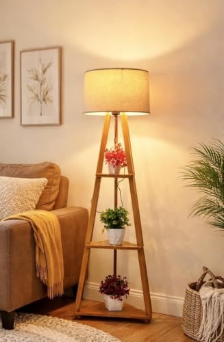 Image of Wooden Tripod Floor Lamp with 3 Shelves, Modern Standing Lamp with Fabric Shade, Decorative Shelf Floor Lamp for Living Room, Bedroom & Home Decor..