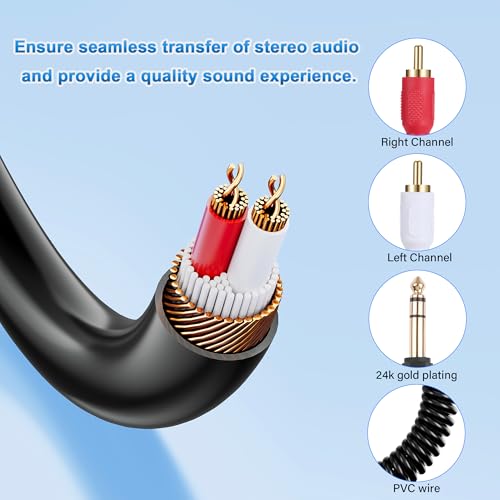 JSADZKJ 6.35mm to 2 RCA Stereo Audio Cable 1/4 TRS Male to Dual RCA Male Splitter Cable Gold-plated Coiled 1/4'' to 2 RCA Audio Cable for Amplifiers Mixers Speakers 14 in/35cm - Image 3