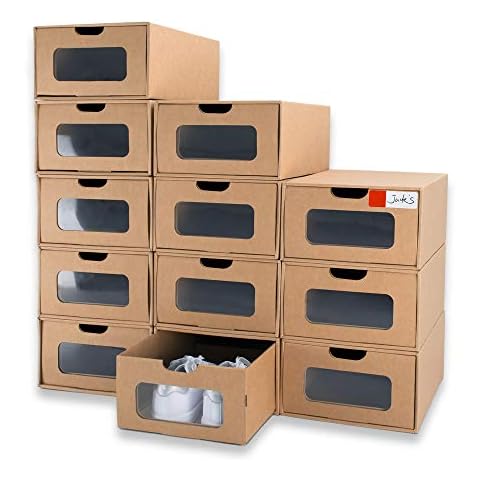 WALL QMER Shoe Box 12 Pack,13.2 x 8.3 x 5.1in Waterproof Storage Boxes, Socks, Stationery, Toys, Underwear,Heavy Duty,Stack-able Cardboard Boxes,with Marking Labels,Transparent Window Cover