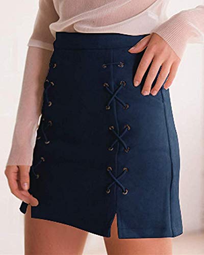 Katiewens Women's Classic High Waist Lace Up Bodycon Faux Suede A Line Mini Pencil Skirt Navy #TOP2