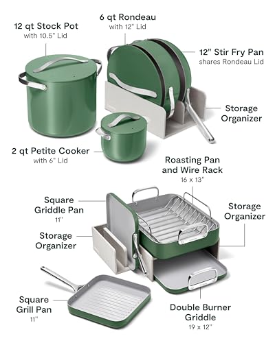 Image of Caraway 31-Piece Ceramic Cookware Bundle - Fry Pans, Saucepans, Saute Pan, Dutch Oven, Petite Cooker, Stir Fry, Rondeau, Stock Pot, Grill & Griddle Pans, Roasting Pan, Racks, Organizers - Sage