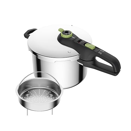 Tefal P2580702 Secure Trendy Schnellkochtopf 6 L mit Korb, 2-Stufen-Garregler: Intensivstufe 117°C, Schonstufe 112°C, Induktions-Kapselboden, für alle Herdarten, Edelstahl/Schwarz/Grün