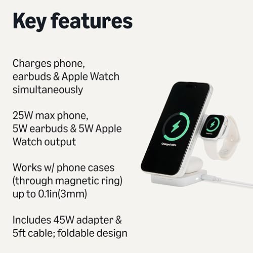 Image of Amazon Basics MagSafe Compatible 25W Fast Charging Qi2.2 Certified 3-in-1 Wireless Charging Station, Foldable Stand for iPhone 17 /16 /15 /14 /13 /12, Apple Watch, AirPods, with 45W Adapter, White