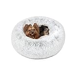 Friends Forever Donut Dog Bed Faux Fur Fluffy Calming Sofa For Small Dogs, Soft & Plush Anti Anxiety Pet Couch For Dogs, Machine Washable Coco Pet Bed with Non-Slip Bottom, 23"x23"x6" Ivory