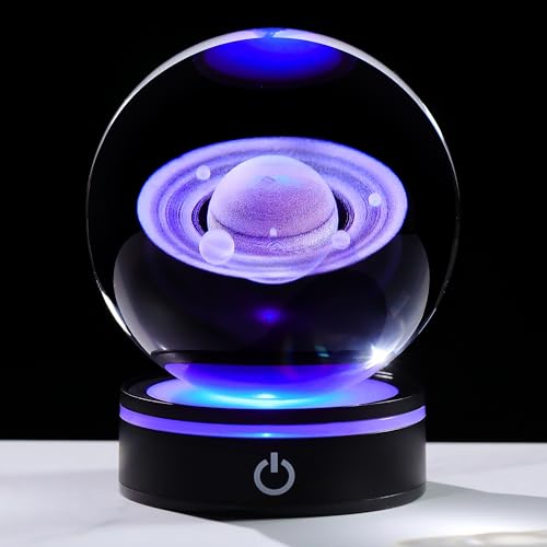3D Saturn Crystal Ball 100mm 3.9inch - Solar System Outer Space Astronomy Gifts Room Decor Crystal Saturn Sphere Gifts for Men Him Best Birthday Dad Physics Science Teacher Night Light Planet Lamp