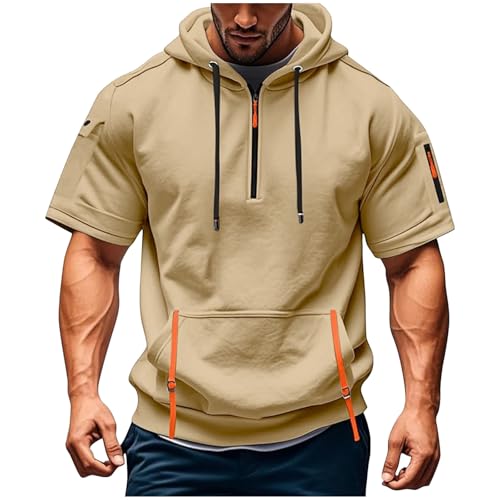 Short Sleeve Hoodies for Men Big and Tall Casual Quarter Zip Pullover Lightweight Oversized Hooded Shirts with Pocket