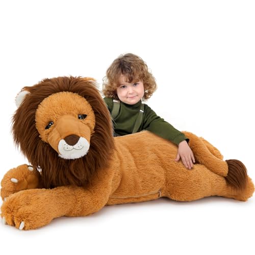 Tezituor 43.3inch Giant Lion Stuffed Animal, Hugging Soft Lion Plush Body Pillow, Realistic Large Stuffed Lion Plush Gift for Kids