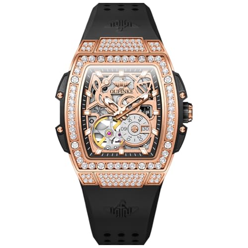 Image of OUPINKE Automatic Watches for Women Fashion Hollow Skeleton Squre Womens Watches Diamonds Rose Gold Waterproof Luminous Mechanical Ladies Watches Red White Soft Silicone Strap