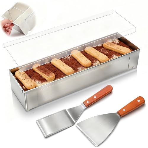 Blushtier 1 Pc Nonstick Rectangle Tiramisu Cake Pan with Acrylic Lid and 2 Metal Spatula Removable Frame 304 Stainless Steel Cake Baking Molds for Tiramisu Cheesecake Mousse (11.81x3.94x2.56 Inch)
