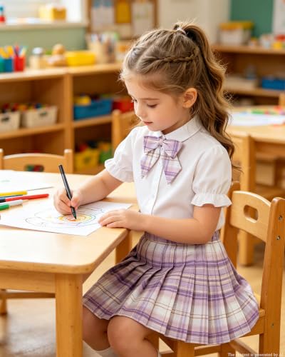 Image of Betusline Girls Skirt Set JK School Uniform 2-Piece Outfit - Short Sleeve Shirt with Bow & Pleated Skirt 4T-14Y