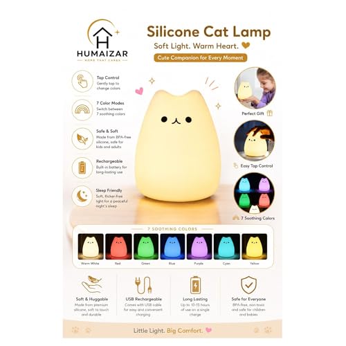 Image of HUMAIZAR Cute Silicone Cat Night Light - Rechargeable LED Cat Lamp with Touch Control, Color Changing Kids Bedside Lamp