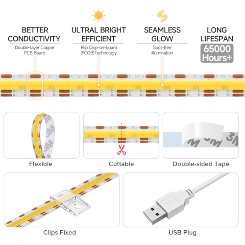 Image of BTF-LIGHTING FCOB COB FOB LED Strip Lights 5V USB CCT 6.56FT 1280LEDs Tunable 2700K /4000K /6500K 10mm Width Dimmable 90+High CRI Flexible High Density for TV Backlight PC Bedroom Kitchen Home DIY Decor