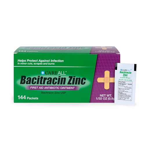 CareAll Bacitracin Antibiotic Zinc Ointment (144 Pack) 0.9gr Foil Packet. First Aid Ointment That Prevents Infections for Minor Cuts Scrapes and Burns