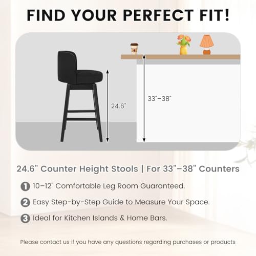 Image of COCO DESIGN Swivel Bar Stools Set of 2, 24 inch Counter Height Mid Century Modern Barstools with Back, Linen Upholstered Seat and Solid Wood Legs, for Bar Kitchen Island, Mysterious Black
