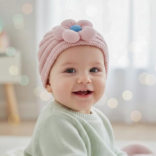 Image of SYGA Baby Cap Flower Wool Warm Knitted Streachable Hat Infant Toddler Baby Cap 0-3 Years