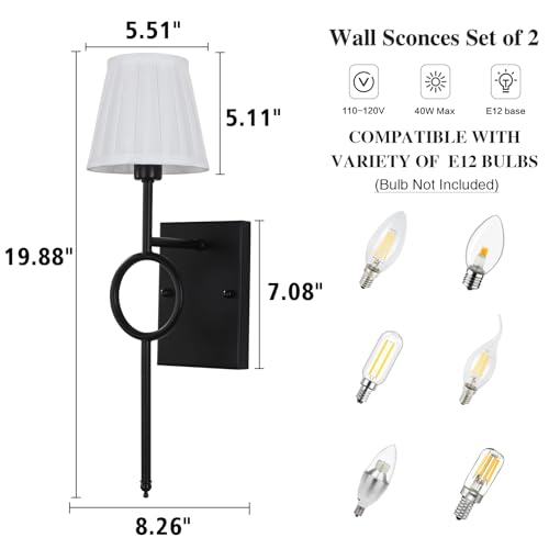 Image of ETONIMERR Modern Black Wall Sconces Set of Two, Wall Light Fixtures with White Pleated Fabric Shade, Industrial Wall Lamps for Bedroom Living Room Hallway Bathroom Vanity
