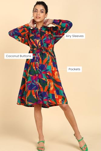 Image of ZELENA Maternity Zipless Feeding Dress for Women | 100% Viscose Rayon Pregnancy & Postpartum Tropical Leaf Printed Dress | Nursing Dress for Breastfeeding for Mothers with Pocket