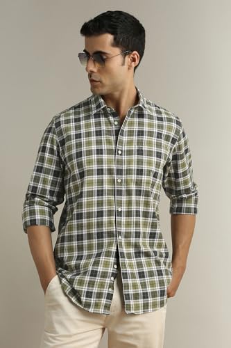 Image of Peter England Men's Checkered Cotton Shirt | Smart Casual | Full Sleeves Slim Fit
