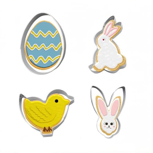Emporte-Pièces de Pâques 4 Pièces - Acier Inoxydable Motifs Lapin, Œufs et Poussin - Accessoire Pâtisserie pour Biscuits, Gâteaux et Décorations...