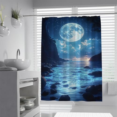OLLIAR Home Cortina de Ducha oceánica fantasía Cielo Nocturno Nubes Estrellas Azul Oscuro Naturaleza Paisaje Marino Luna náutica Cortinas de Ducha Juego para la decoración baño 90x180
