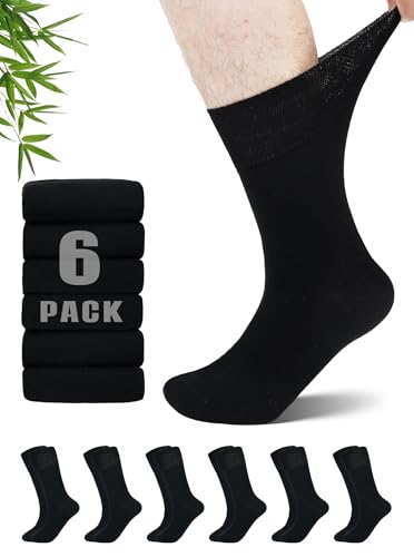 ZFSOCK Diabetic Socks for Men and Women: Extra Wide Loose Fitting Bamboo Socks Soft Top Seamless for Swollen Feet and Ankles Diabetes Oedema Pregnancy Elderly - 6 Pairs Black 9-11
