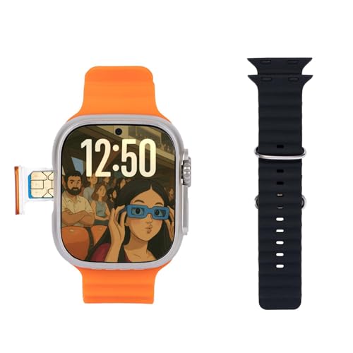 Image of SE HUB Premium SIM Enabled Smartwatch | AMOLED Touch Screen Video Call Capability Health Sensors SpO2 Heart Rate Large Memory Long Lasting Battery 49 mm Smart Wearable for Men Women Black Orange Strap