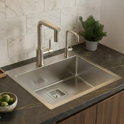 Image of BASINQU Kitchen Sink 24x18x10 Inch Handmade Single Bowl Sink 304 Grade Stainless Steel Sink for Kitchen Basin with Tap Hole Brushed Matte Finish Coupling Fruit Tray Hose Pipe