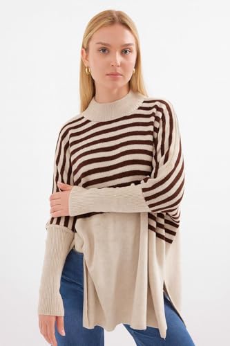 Image of Women's Crew Neck Batwing Sleeve Split Hem Oversized Knit Poncho Sweater