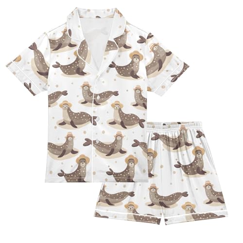 ALAZA Cute Seal Dot Satin Pajamas Set Short Sleeve Button Down Sleepwear Summer Pjs 2 Piece