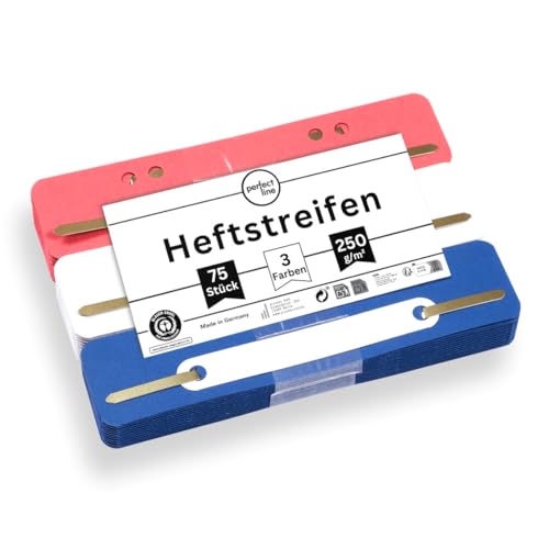 perfect line - 75 Heftstreifen Pappe, recycling Karton, 250 g/m², 3 Farben (Rot, Blau, Weiß), Made in Germany, Blauer Engel zertifiziert