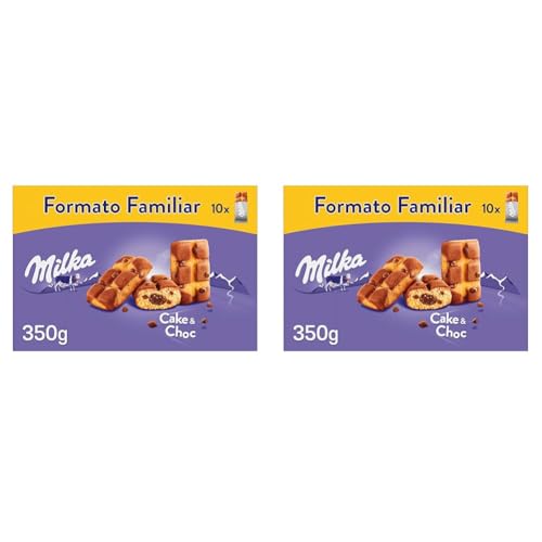 Milka Cake & Choc Bizcocho con Pepitas de Chocolate con Leche de los Alpes y Relleno de Chocolate Formato Familiar 350g (Paquete de 2)