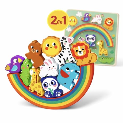 Puzzle Montessori 2 en 1 – Juego de Equilibrio y Apilamiento de Animales | Juguete Educativo de Madera para Niños 1 3 Años | Desarrollo de Motricidad Fina, Colores y Coordinación | Rompecabeza