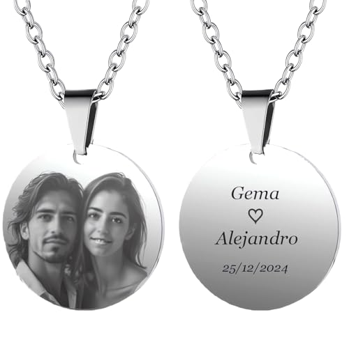 LUTTO Collar con foto, Collar personalizado, Colgante personalizado, Colgante con foto y texto Grabado, Chapas de identificación, Medalla de Acero, Corazón, Pergamino (Redonda acero 25 mm)