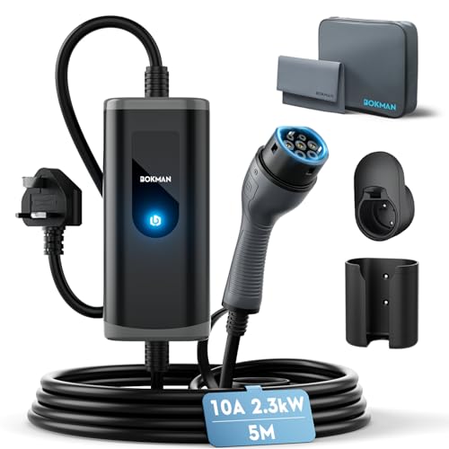 bokman EV Charger Type 2 to 3 Pin Plug, 5M | 2.3kW | 10A | IP65 Waterproof, Electric Car Charger Type 2 Charging Cable 3 Pin with LED Indicators & Carry Bag & Microfiber Towel