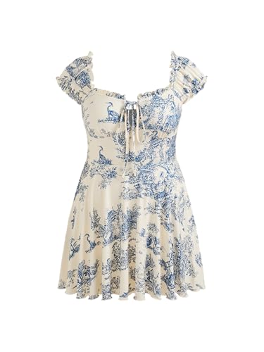 Image of CIDER Plus Size Dresses for Curvy Women Square Neck Tie Front Floral Ruffle Trim Summer Mini Dresses Blue