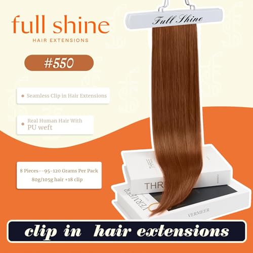 Image of Full Shine Copper Clip in Hair Extensions Real Human Hair, 22 Inch | Seamless Hair Extensions Clip Ins, Long Straight with Invisible PU Weft for Women, Add Volume, Lightweight, 8 Pcs 120g