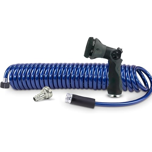 Plastair SpringHose RV Water Hose 3/8 in by 25-Foot Polyurethane Safe RV Drinking Water Hose - Premium and Lightweight Coiled Hose with Quick-Connect Male Adapter Plug and Nozzle Made in Canada Blue