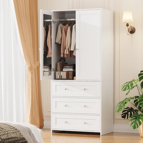 VOWNER Armoire Wardrobe Closet with Drawers and Mirror 71 Clothing Storage Cabinet with Hanging Rod 2 Doors Wooden Wardrobe Cabinet for Bedroom Large Capacity Storage White