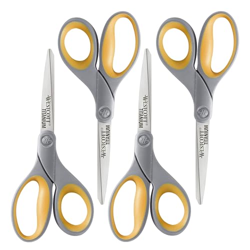 Westcott 8″ Soft Handle Titanium Bonded Scissors, Gray/Yellow, 4 Pack
