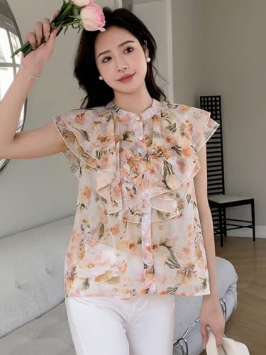 Image of Women's Shirt | Premium Chiffon Allover Print Sleeveless Shirts for Casual & Office Wear | Stylish Summer Button-Down Shirt for Girls & Women
