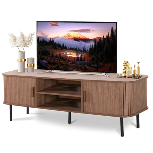 MFSTUDIO Mid Century TV Stand for TVs Up to 60 Inch, 55″ Large Entertainment Media Center with Sliding Door, Television Stands Storage Cabinet for Living Room
