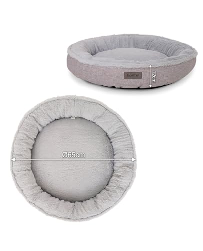 lionto Hundekörbchen rund in Donut-Form, Ø 65 cm, Heimtierkissen für Hunde & Katzen mit waschbarem Bezug & Anti-Rutsch-Noppen, kuscheliges Hundebett aus Oxford-Leinen & Plüsch, grau
