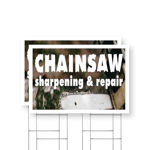 Chainsaw Sharpening and Repair Yard Sign 2 Pack of 24 Inch x 36 Inch Single Sided Weatherproof Heavy-Duty Plastic with Stake | Professional Tool Maintenance, Equipment Services | Made in USA