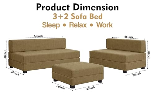 Image of Rosebell 3+2 Convertible Leg Sofa Cum Bed Set with Ottoman Foldable Modular Seating & Sleeper ? Space Saving Living Room Furniture Jute Fabric-Golden
