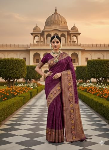 Image of Kanjivaram Silk Saree for Women - Handloom Floral Weaving, Contrast Border, Heavy Gold Zari Rich Pallu, Traditional Designer Wedding & Festive Saree with Blouse Piece