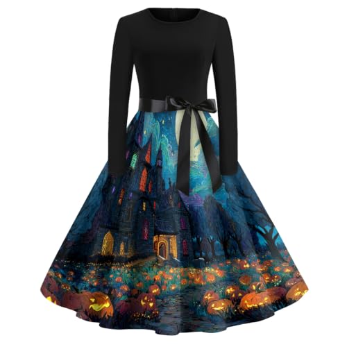 Vestido midi de manga larga de Halloween evasé para evitar el frío en fiestas de octubre