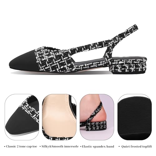 Adrizzlein Womens Slingback Flat Pumps Closed Round Toe Two Toned Casual Office Shoes Black White Thread Size 6.52