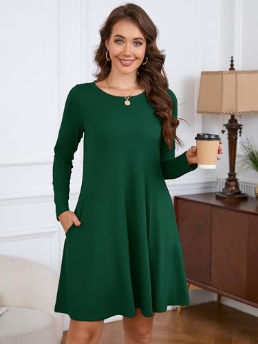 KORSIS Women Long Sleeve Tops T-Shirt Dresses Round Neck Casual A-Line Loose Swing Vocation Fall Winter Dress with Pockets2