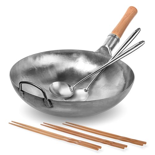 Image of YOSUKATA Silver Round Bottom Pan 14" – Stir Fry Pans For Cooking + 17’’ Wok Spatula and Ladle + Reusable Natural Wooden Long Cooking Chopsticks Set of 3 pairs: 11.8 inch, 13-inch, 14.2 inch