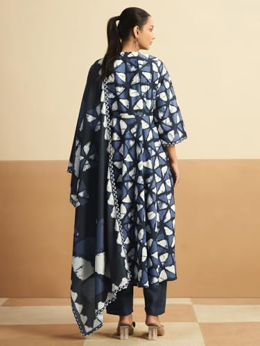 Image of Pinkmint Women's Printed Cotton Blend Kurta Pant with Dupatta Set | Lace Detailing Kurta Set | Ethnic Wear